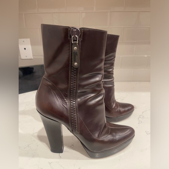 Authentic GUCCI side zipper leather chunky heel tall booties boots 7.5 B